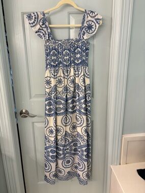 Blue and White Embroidered Smocked Maxi Dress Size Small